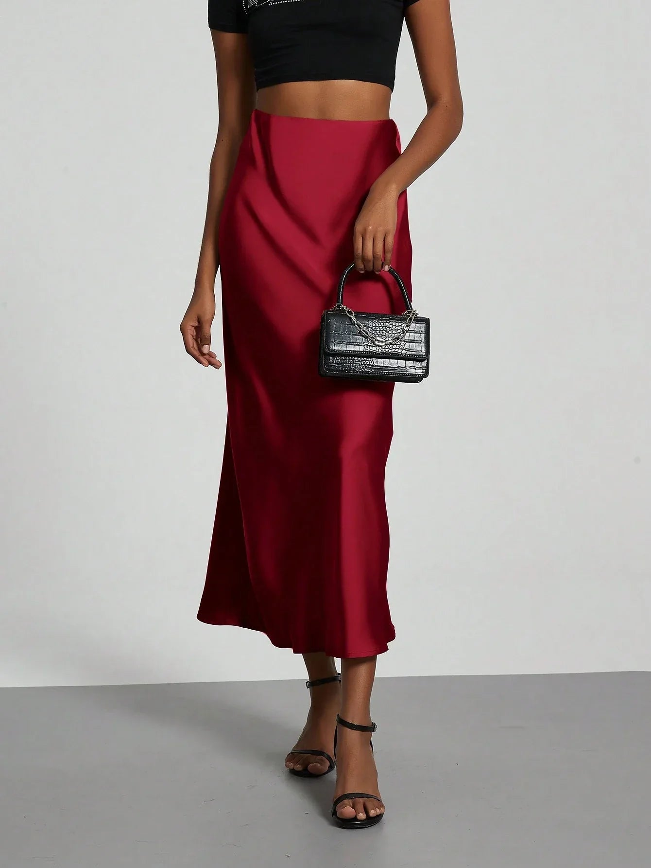 Buy SHEIN Women's Simple Solid Color Elastic Satin Texture Trumpet Hem Elegant Maxi Skirt in Pakistan