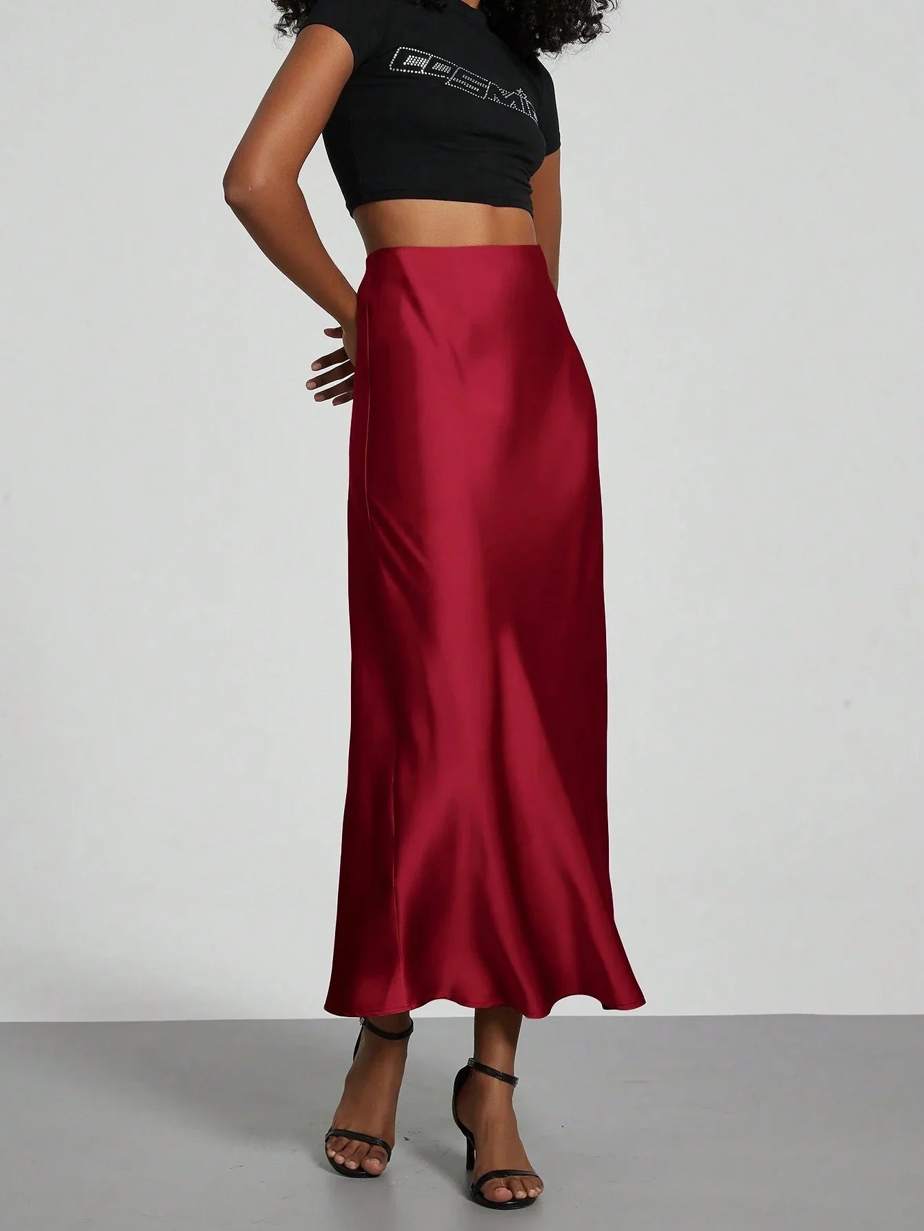 Buy SHEIN Women's Simple Solid Color Elastic Satin Texture Trumpet Hem Elegant Maxi Skirt in Pakistan