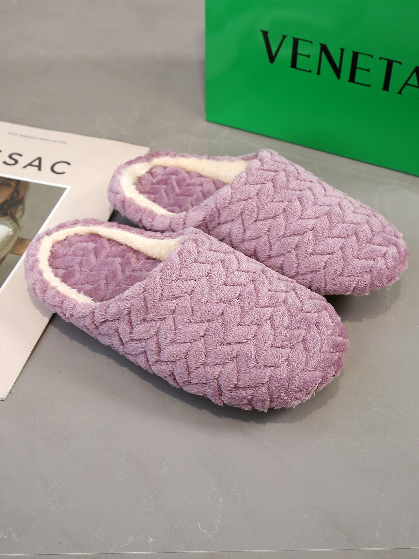 Buy SHEIN Women's Stylish Purple Cable Textured Fluffy Bedroom Slippers With Embroidery in Pakistan