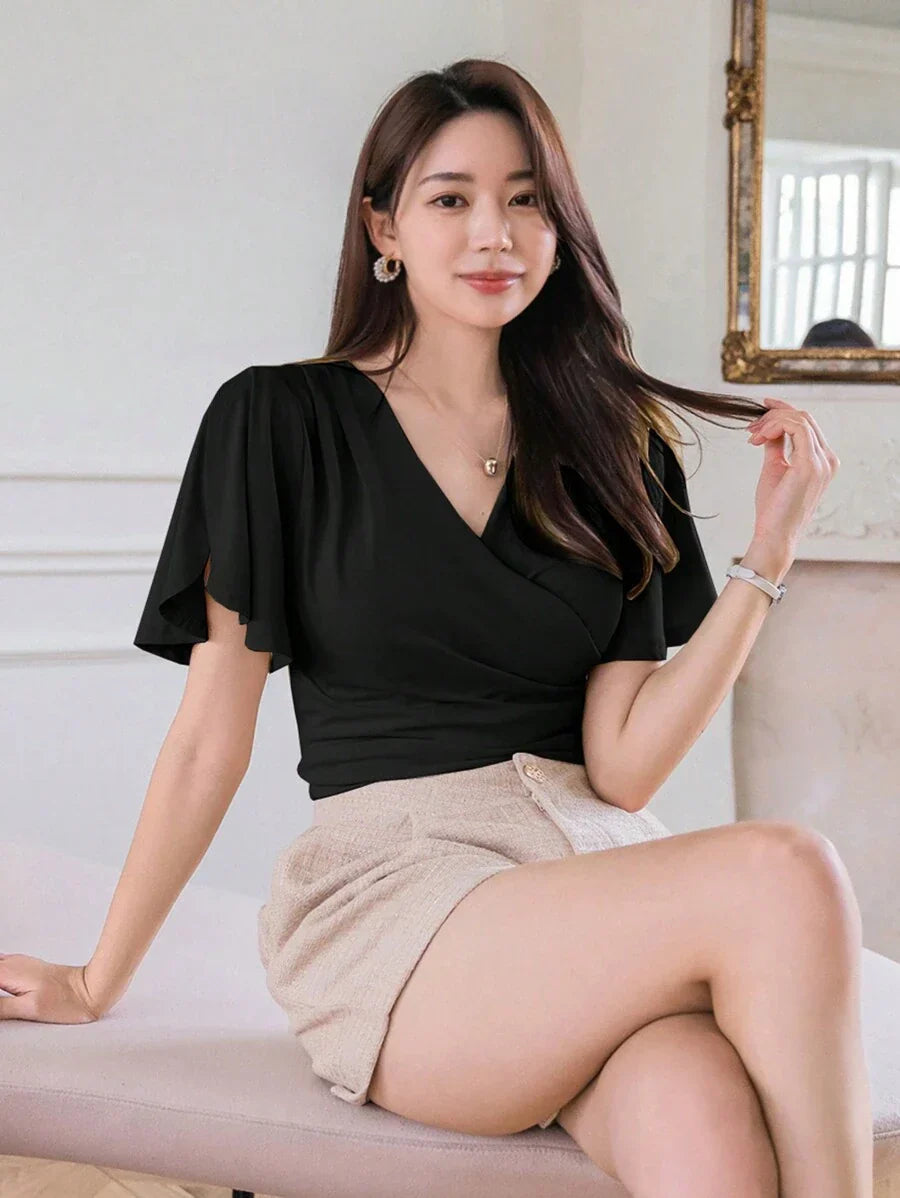 Buy SHEIN Wynsel Women's Summer Solid Color Wrap V-Neck Ruffle Short Sleeve T-Shirt in Pakistan