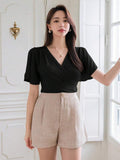 Buy SHEIN Wynsel Women's Summer Solid Color Wrap V-Neck Ruffle Short Sleeve T-Shirt in Pakistan