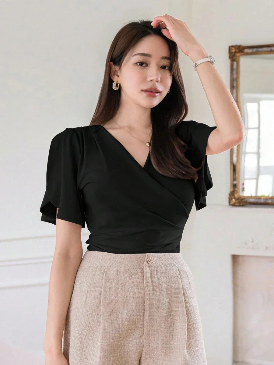 Buy SHEIN Wynsel Women's Summer Solid Color Wrap V-Neck Ruffle Short Sleeve T-Shirt in Pakistan