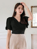 Buy SHEIN Wynsel Women's Summer Solid Color Wrap V-Neck Ruffle Short Sleeve T-Shirt in Pakistan