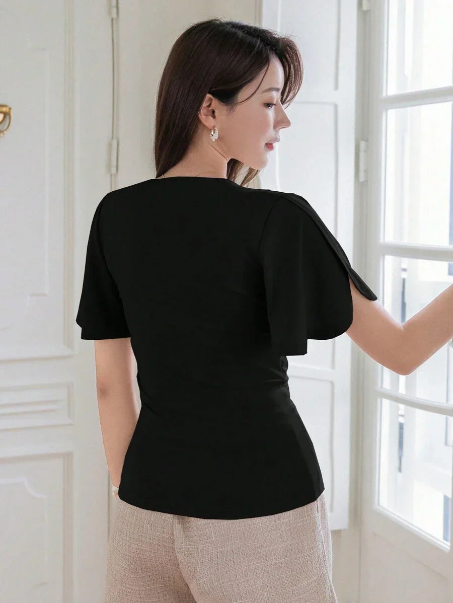 Buy SHEIN Wynsel Women's Summer Solid Color Wrap V-Neck Ruffle Short Sleeve T-Shirt in Pakistan