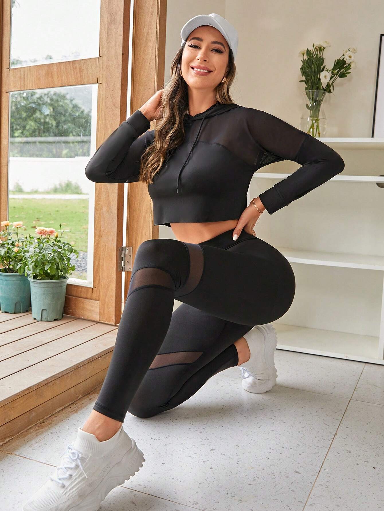 Buy SHEIN Yoga Trendy Contrast Mesh Drawstring Hooded Crop Sports Set in Pakistan