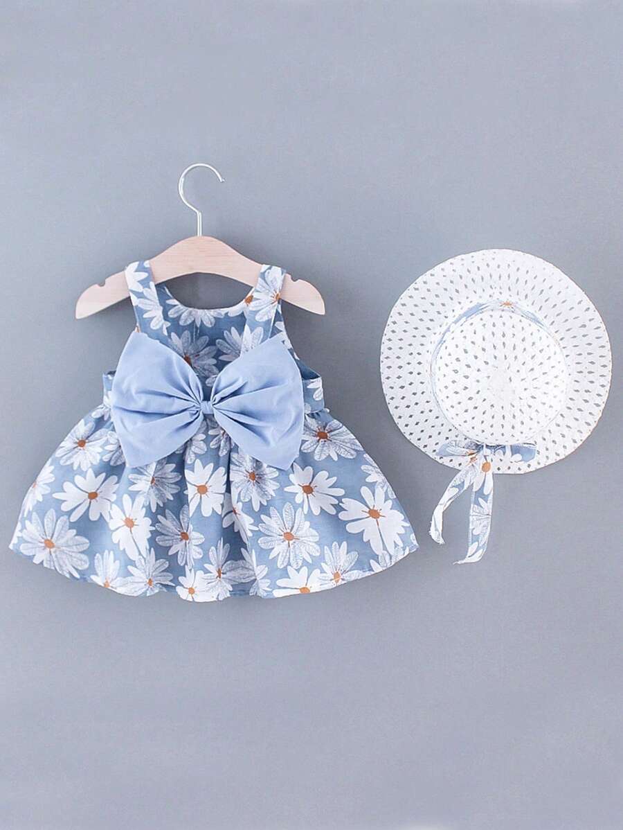 Buy SHEIN Young Girl Summer Sleeveless Sunflower Print Dress With Cute Bowknot Back And Hat 2pcs/Set in Pakistan