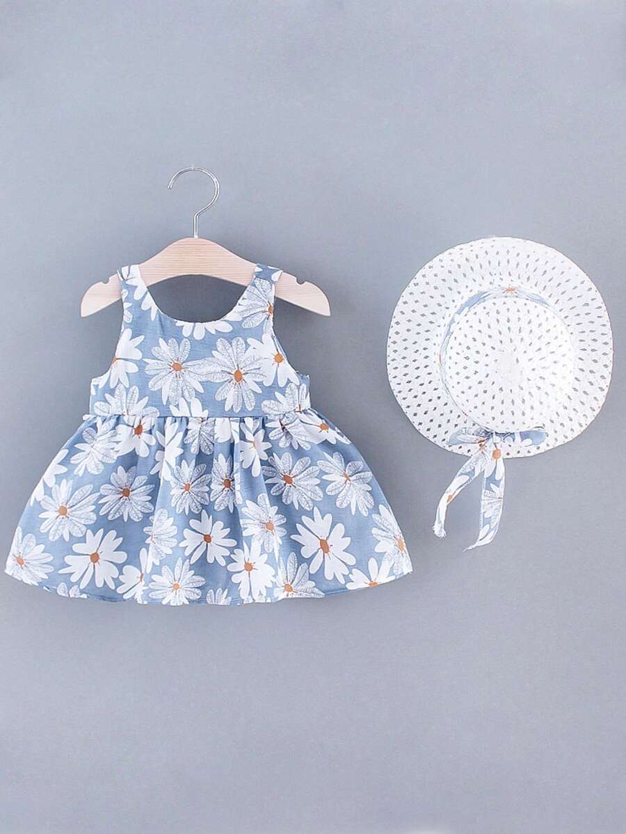 Buy SHEIN Young Girl Summer Sleeveless Sunflower Print Dress With Cute Bowknot Back And Hat 2pcs/Set in Pakistan