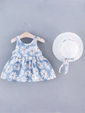 Buy SHEIN Young Girl Summer Sleeveless Sunflower Print Dress With Cute Bowknot Back And Hat 2pcs/Set in Pakistan