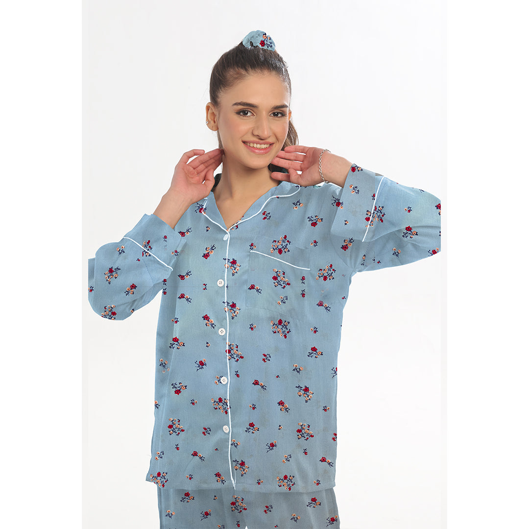 Buy Linen Pajama Suit with Scrunchie - Sky Blossom in Pakistan