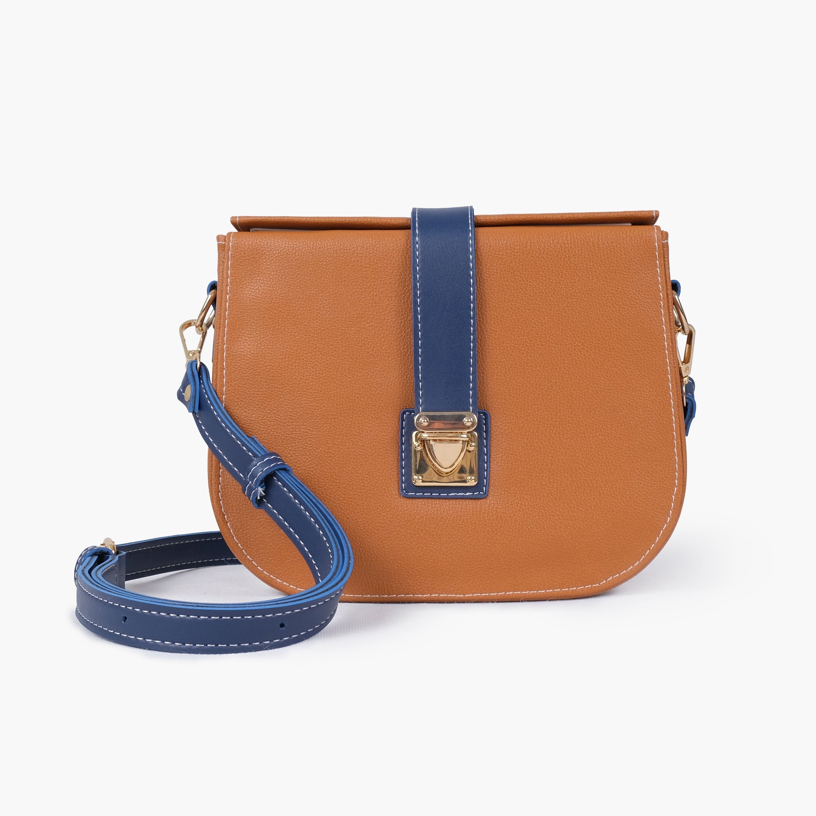 Buy Push Lock Saddle Bag - Mustard And Blue in Pakistan
